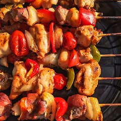 Image showing Grilled meat and vegetable skewers