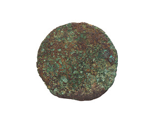 Image showing Unrecognisable old coin, rusted and green, isolated