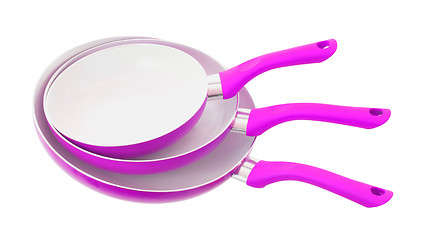 Image showing Set of three frying pans, pink