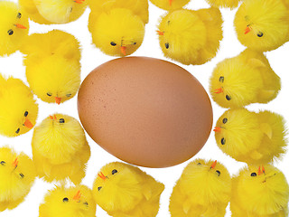 Image showing Easter chicks surrounding a large egg