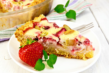 Image showing Pie strawberry-rhubarb with sour cream in white plate