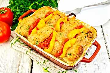 Image showing Cutlets of turkey with tomatoes in pan on napkin