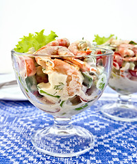 Image showing Salad with shrimp and tomatoes in glass on tablecloth