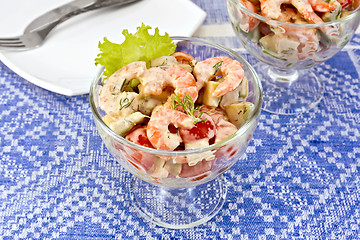 Image showing Salad with shrimp and tomatoes in glass on blue tablecloth