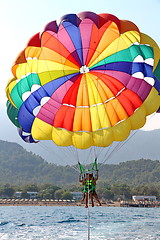 Image showing Parasailing in a blue sky