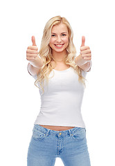 Image showing happy young woman or teenage girl in white t-shirt