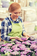 Image showing happy woman taking care of flowers in greenhouse