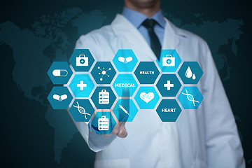 Image showing Medical doctor working with healthcare icons. Modern medical technologies concept