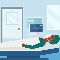 Image showing Patient lying in hospital  bed with heart monitor.