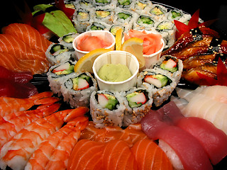 Image showing Sushi party tray, closeup