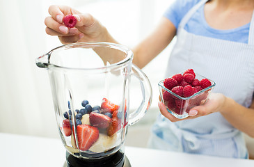 Image showing close up of woman with blender making fruit shake