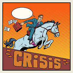 Image showing Businessman on a horse jumping barrier crisis