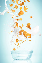 Image showing The cornflakes falling with milk stream
