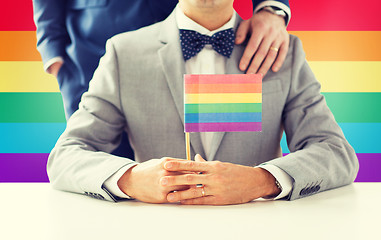 Image showing close up of male gay couple holding rainbow flag