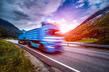 Image showing Truck and highway at sunset