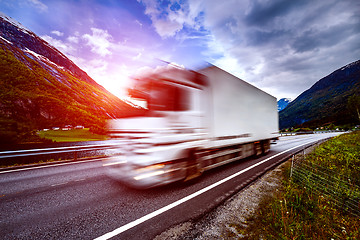 Image showing Truck and highway at sunset