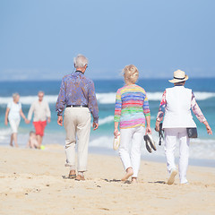 Image showing Active seniors enjoying beach walk.