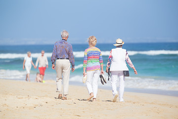 Image showing Active seniors enjoying beach walk.