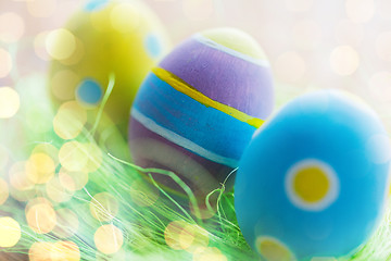 Image showing close up of colored easter eggs and grass