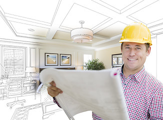 Image showing Contractor in Hard Hat Over Custom Bedroom Drawing and Photo