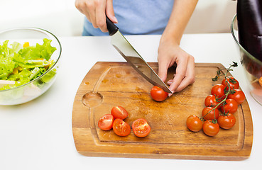 Image showing close up of woman chopping tomatoes with knife