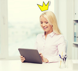 Image showing smiling businesswoman or student with tablet pc