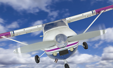 Image showing Front of Cessna 172 Single Propeller Airplane In The Sky