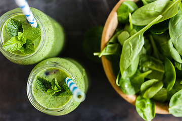 Image showing Two green smoothie in the jar