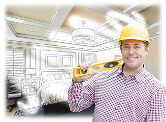 Image showing Contractor in Hard Hat Over Custom Bedroom Drawing and Photo