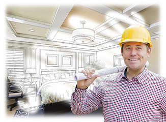 Image showing Contractor in Hard Hat Over Custom Bedroom Drawing and Photo