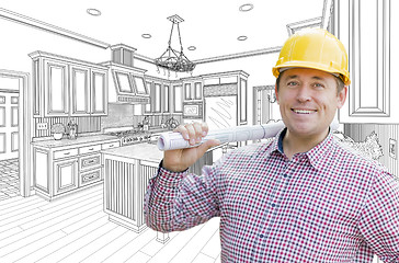 Image showing Contractor in Hard Hat Over Custom Kitchen Drawing