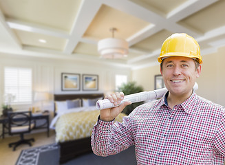 Image showing Contractor in Hard Hat Over Custom Bedroom Drawing and Photo