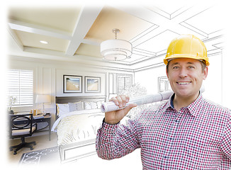 Image showing Contractor in Hard Hat Over Custom Bedroom Drawing and Photo