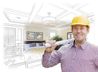 Image showing Contractor in Hard Hat Over Custom Bedroom Drawing and Photo