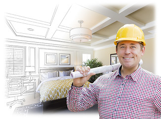 Image showing Contractor in Hard Hat Over Custom Bedroom Drawing and Photo