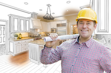 Image showing Contractor in Hard Hat Over Custom Kitchen Drawing and Photo