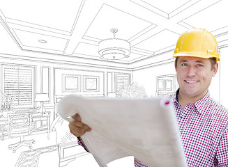 Image showing Contractor in Hard Hat Over Custom Bedroom Drawing