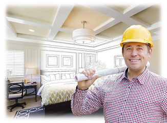 Image showing Contractor in Hard Hat Over Custom Bedroom Drawing and Photo