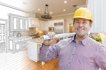 Image showing Contractor in Hard Hat Over Custom Kitchen Drawing and Photo