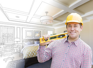 Image showing Contractor in Hard Hat Over Custom Bedroom Drawing and Photo