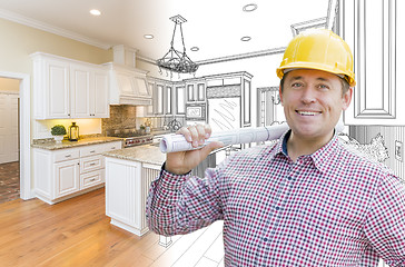 Image showing Contractor in Hard Hat Over Custom Kitchen Drawing and Photo