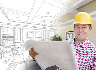 Image showing Contractor in Hard Hat Over Custom Bedroom Drawing and Photo