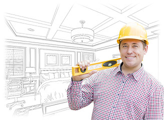 Image showing Contractor in Hard Hat Over Custom Bedroom Drawing and Photo