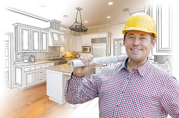 Image showing Contractor in Hard Hat Over Custom Kitchen Drawing and Photo