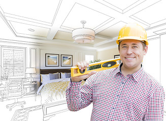Image showing Contractor in Hard Hat Over Custom Bedroom Drawing and Photo