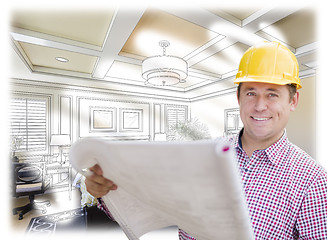 Image showing Contractor in Hard Hat Over Custom Bedroom Drawing and Photo