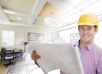 Image showing Contractor in Hard Hat Over Custom Bedroom Drawing and Photo