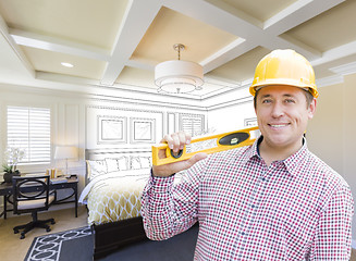 Image showing Contractor in Hard Hat Over Custom Bedroom Drawing and Photo