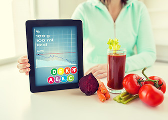 Image showing close up of woman with tablet pc and vegetables