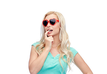 Image showing happy young blonde woman or teenager in sunglasses